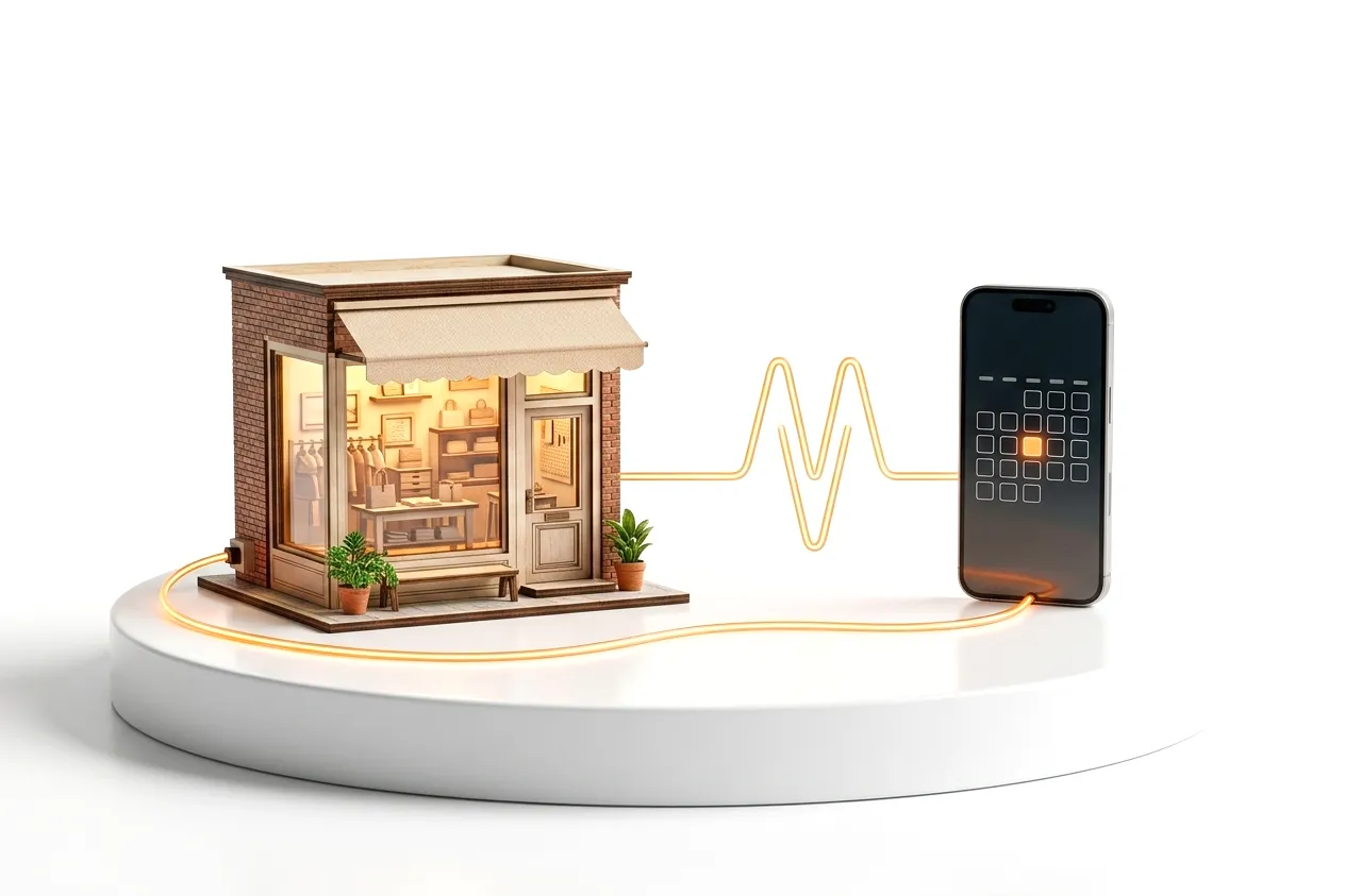 Miniatur-Laden, über eine leuchtende Puls-Linie mit einem Smartphone-Buchungskalender verbunden
