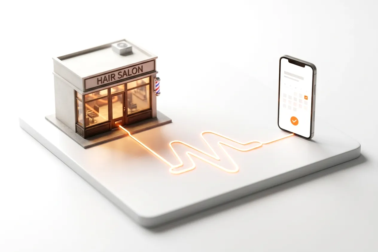 Miniatur-Friseursalon, über eine leuchtende Puls-Linie mit einem Smartphone verbunden, auf dem ein Termin bestätigt wird