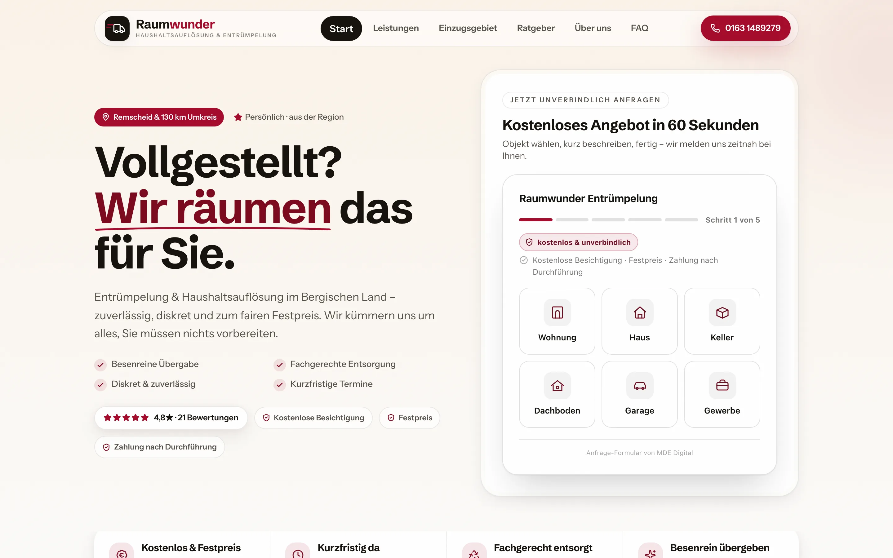 Website von Raumwunder Entrümpelung Remscheid auf dem Desktop