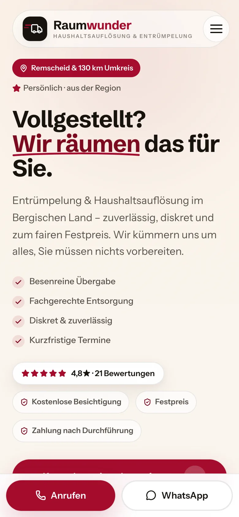 Website von Raumwunder Entrümpelung Remscheid auf dem Smartphone