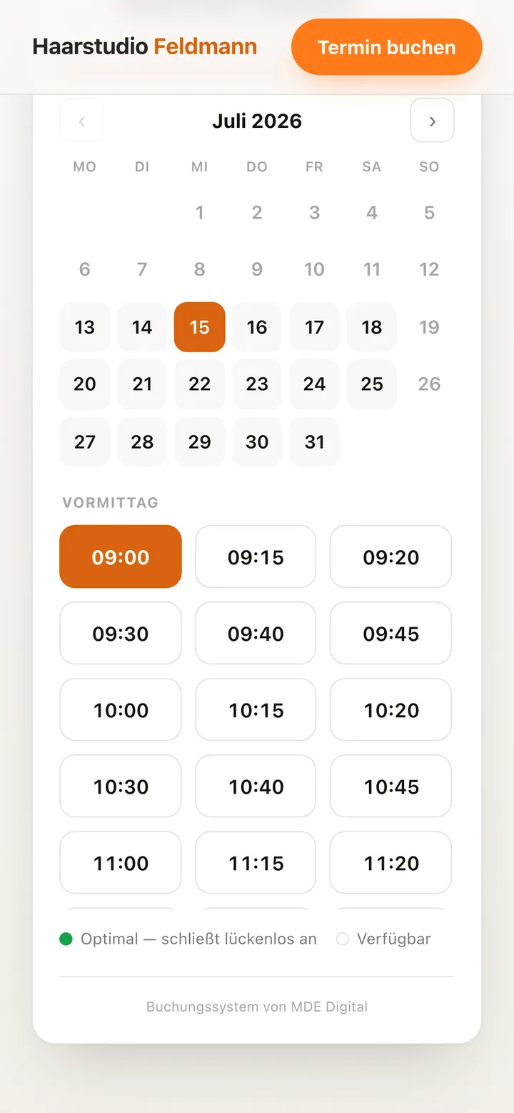 Buchungs-Widget auf dem Smartphone: Kunde wählt Tag und Uhrzeit