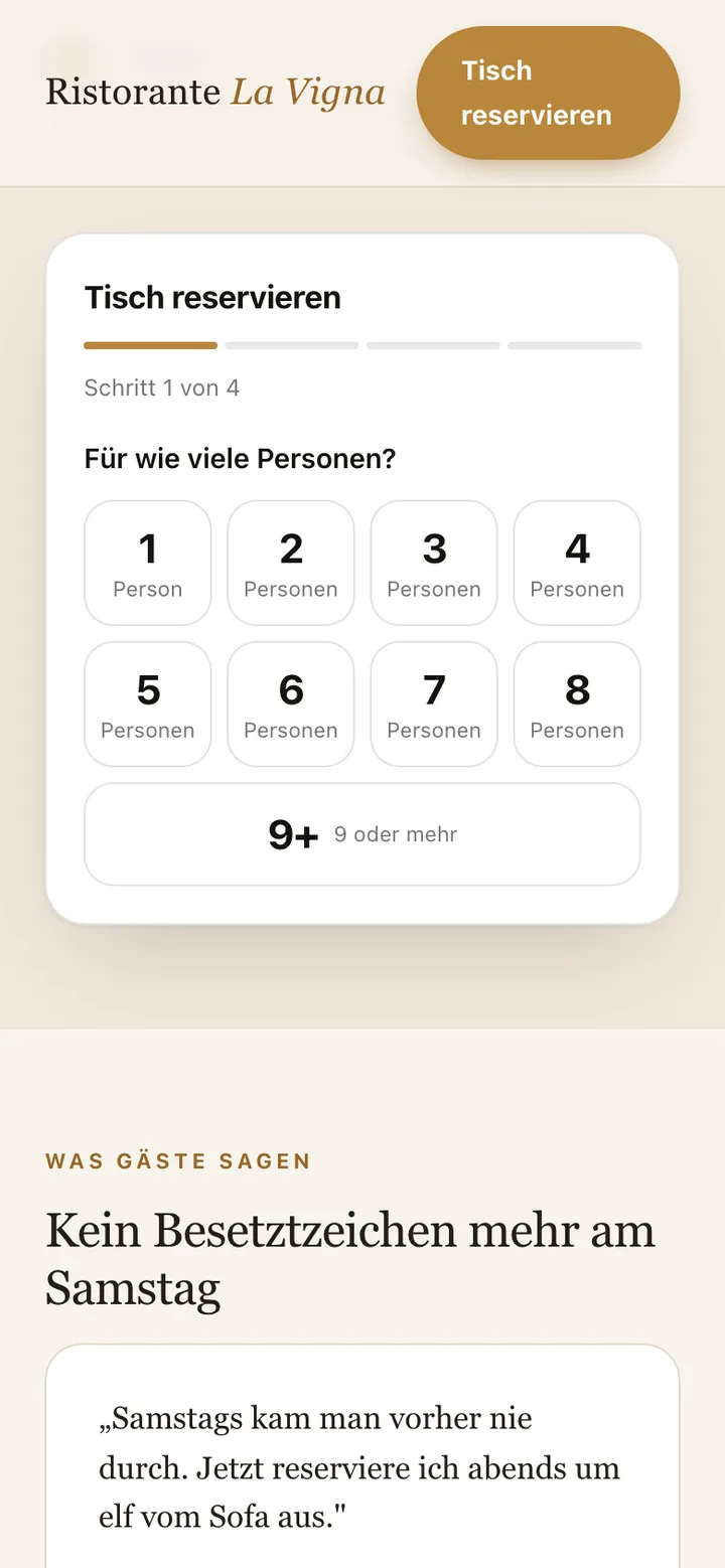 Reservierungs-Widget auf dem Smartphone: Schritt 1 von 4, „Für wie viele Personen?“ mit Auswahl von 1 bis 9+
